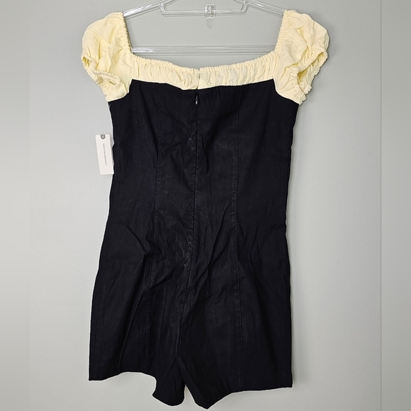 Maeve Off-The-Shoulder Shirred Linen Micro Romper, Black & Yellow, Size 14 - Picture 9 of 13
